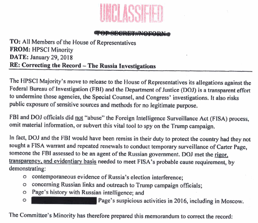 Democrat Schiff memo on the GOP Nunes memo on FISA FBI PAGE Steele dossier Trump Russia